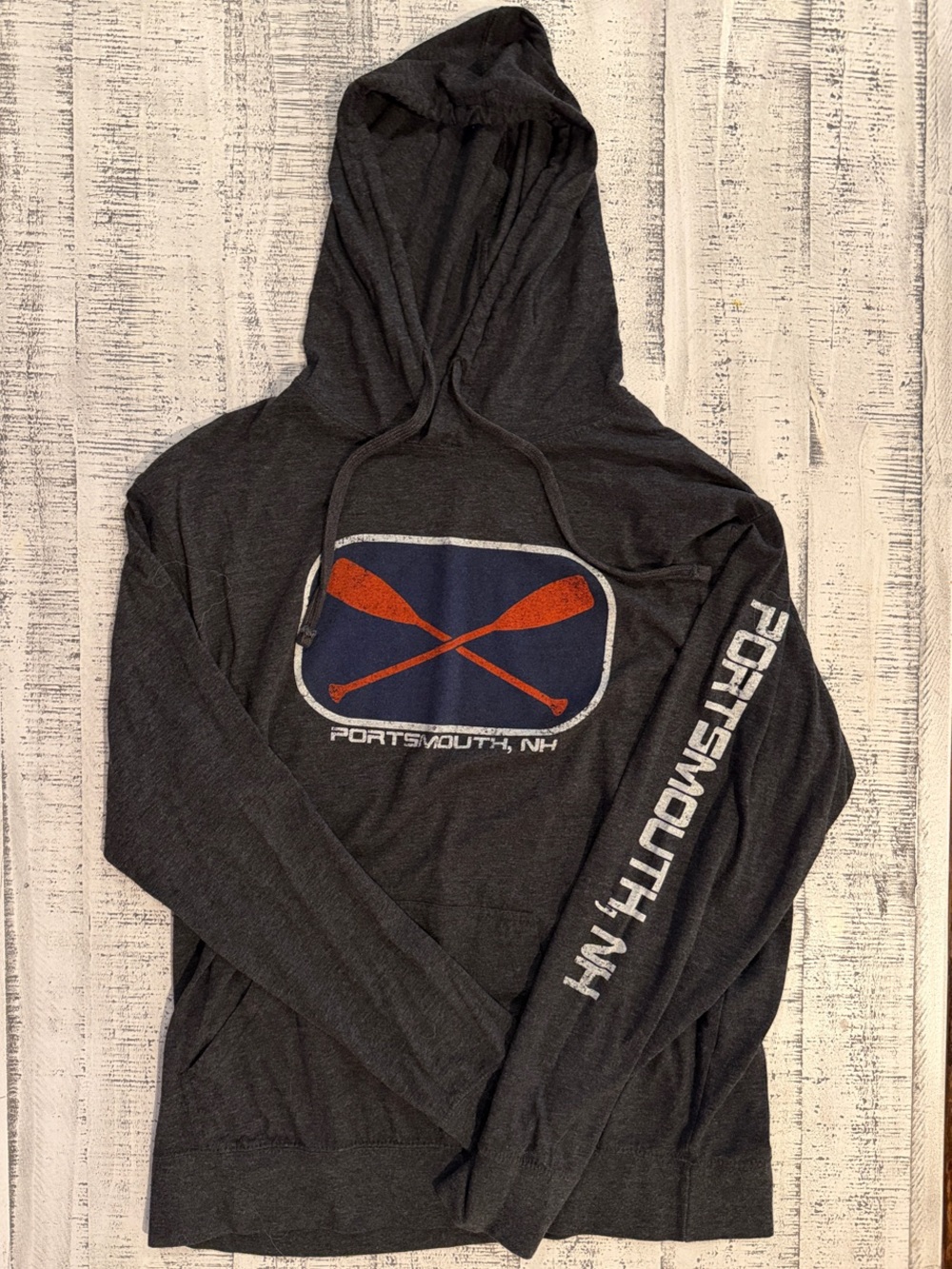 Portsmouth NH Oar Graphic Hoodie - Dark Gray with Navy & Orangey Red